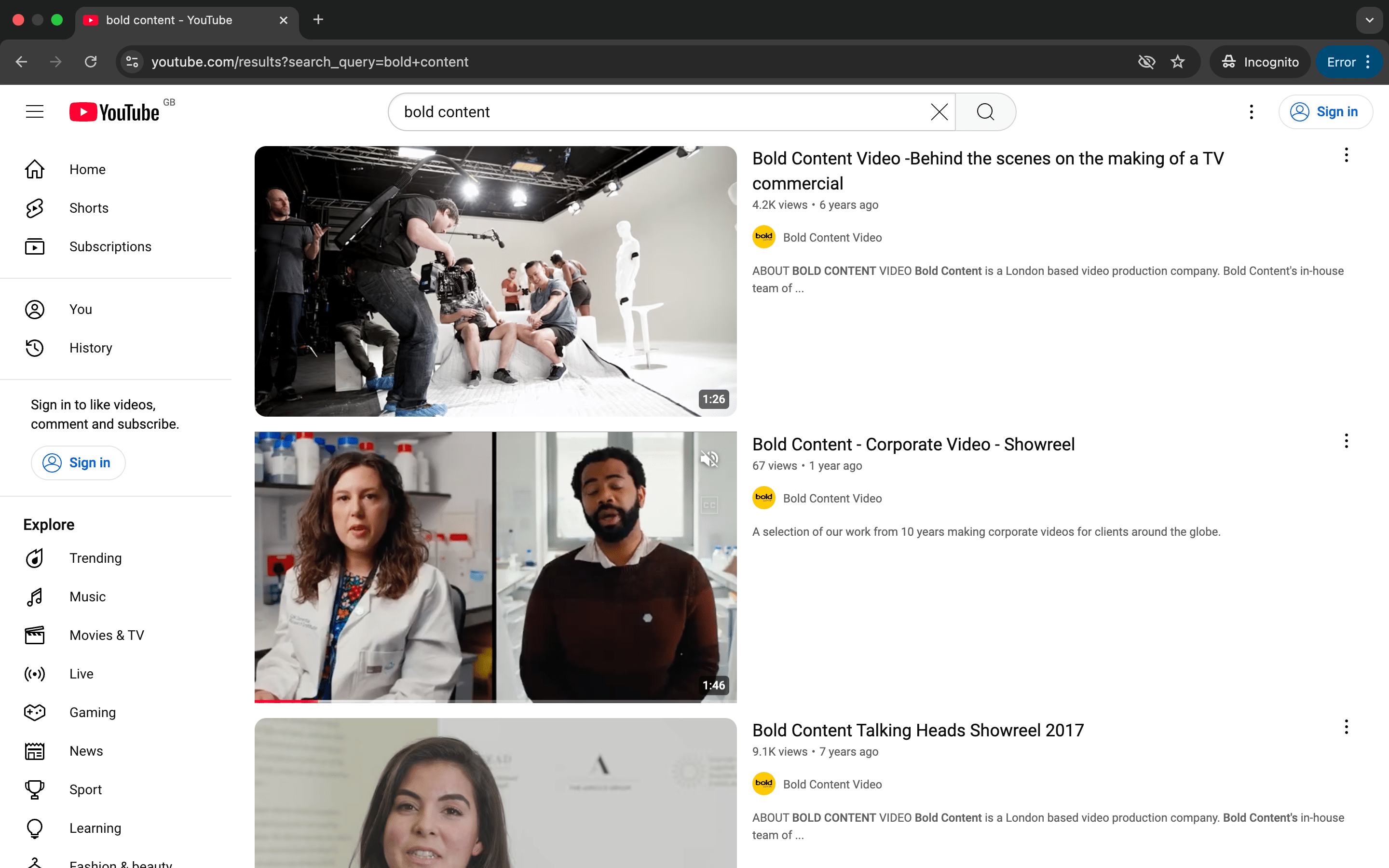 A screenshot of YouTube search results, after inputting the keywords 'bold content' into the search bar